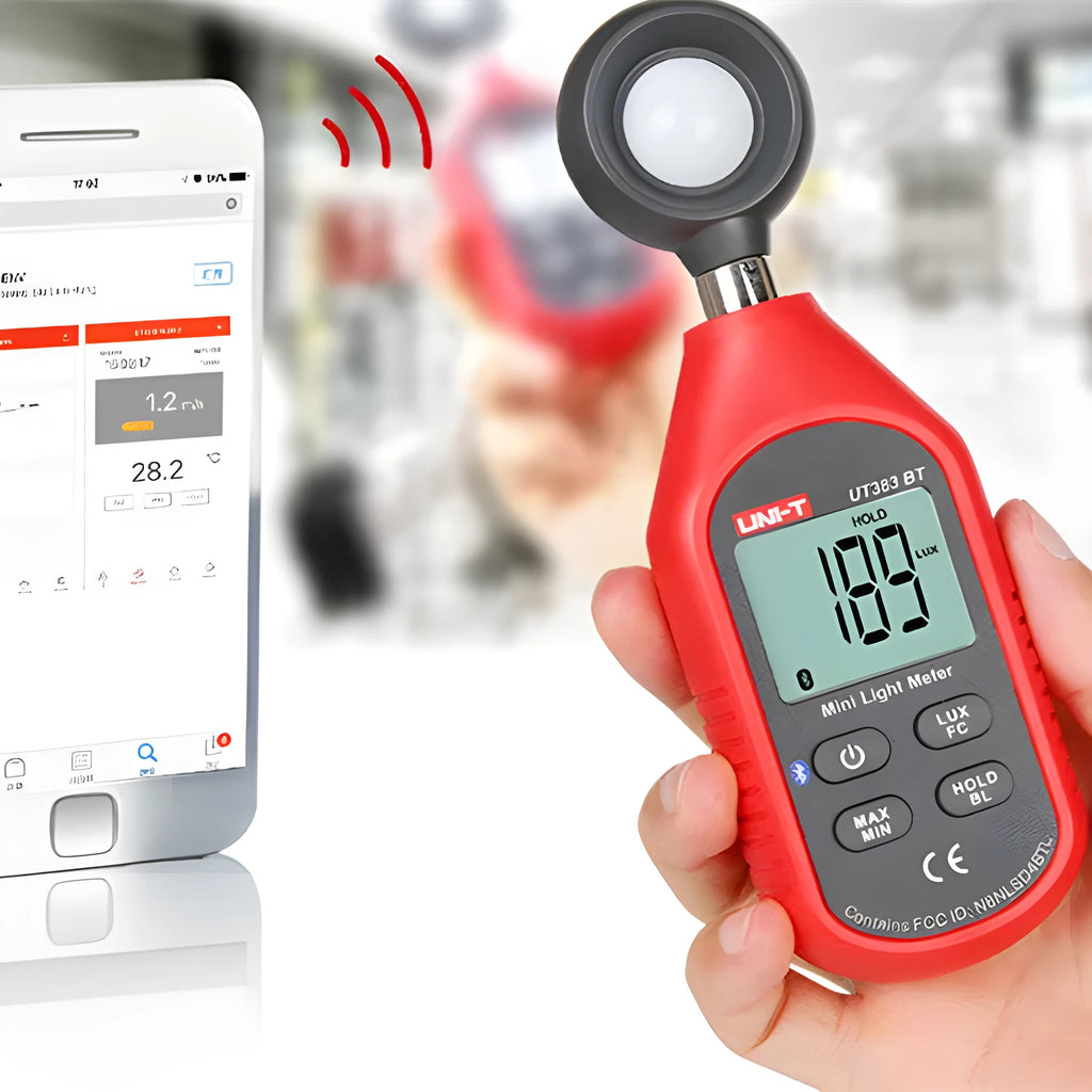 Mini lux meter UT383 with backlit display showing light reading in handheld use