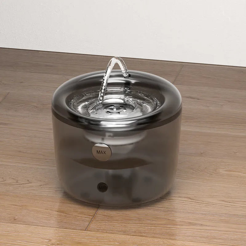 Grey automatic pet water fountain with circulating filter and induction outlet for cats and dogs