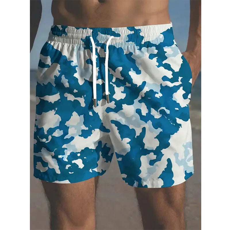 Men's polyester beach shorts with printed streetwear design and elastic waistband