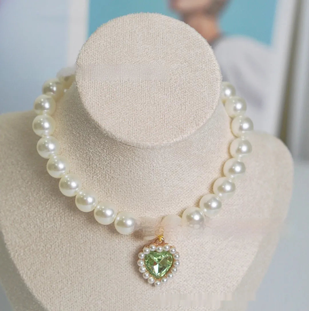 Decorative pearl and love gem cat collar necklace in a choice of colours on size guide.