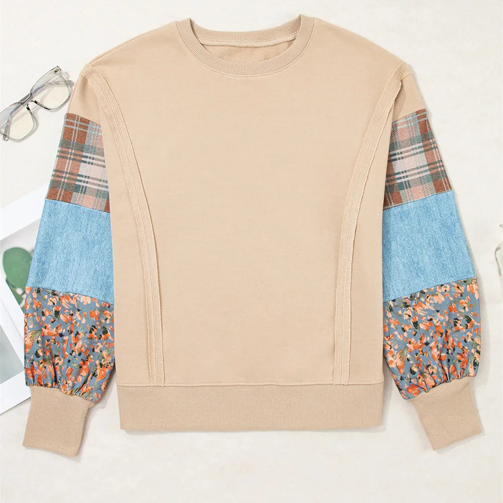 Women's plaid stitching long-sleeved loose top in apricot or red colours