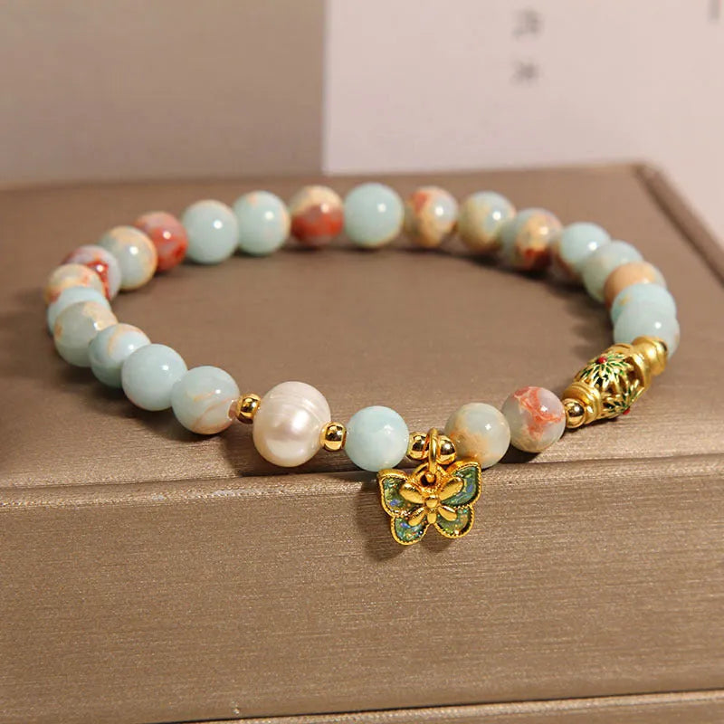 Blue butterfly pendant bracelet with Shoushan stone and freshwater pearl for women
