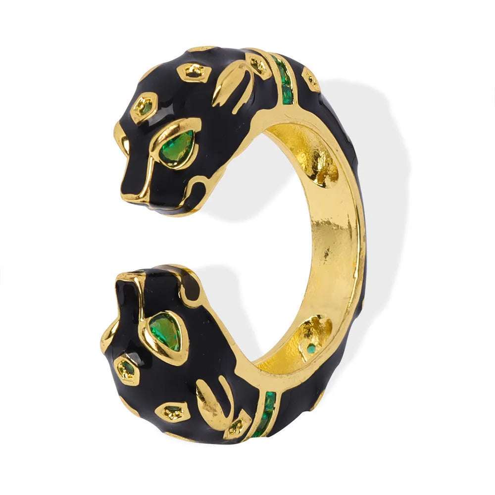 Women's black cheetah print geometric open ring with oil drip effect, size UK 7.