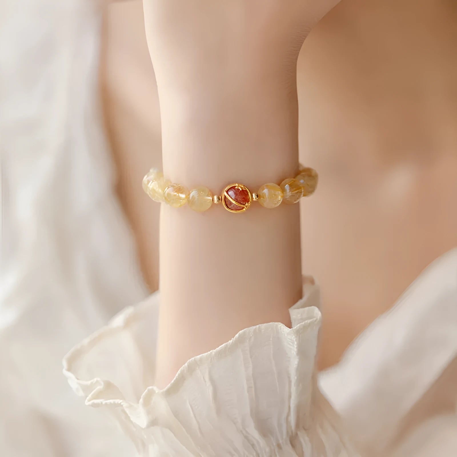Gold rutilated quartz crystal bracelet with diamond-shaped beads in unisex Korean style