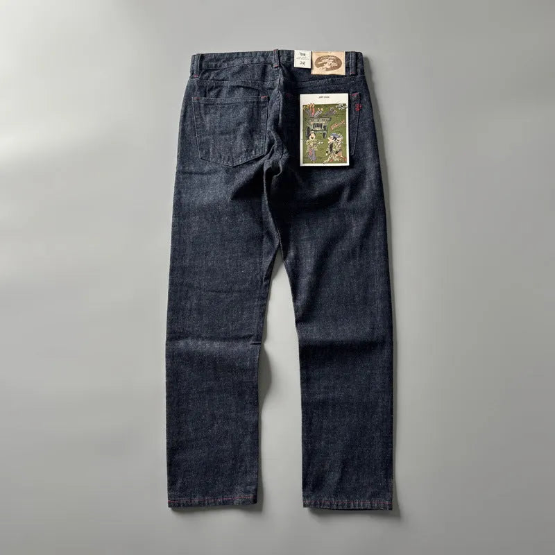Men's straight-leg denim trousers in primary colour with mid-waist design and regular length