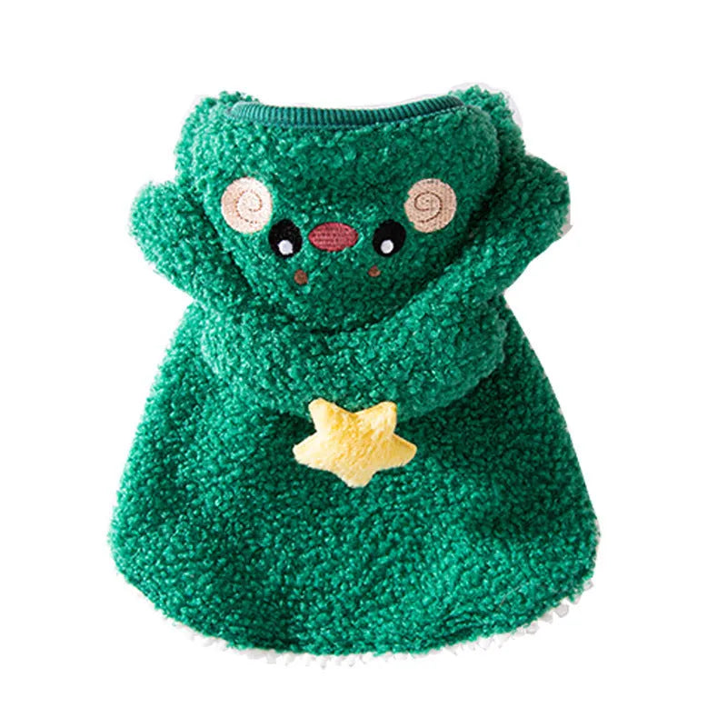 Brown elk patterned hooded cloak on a cat, sized for winter warmth.