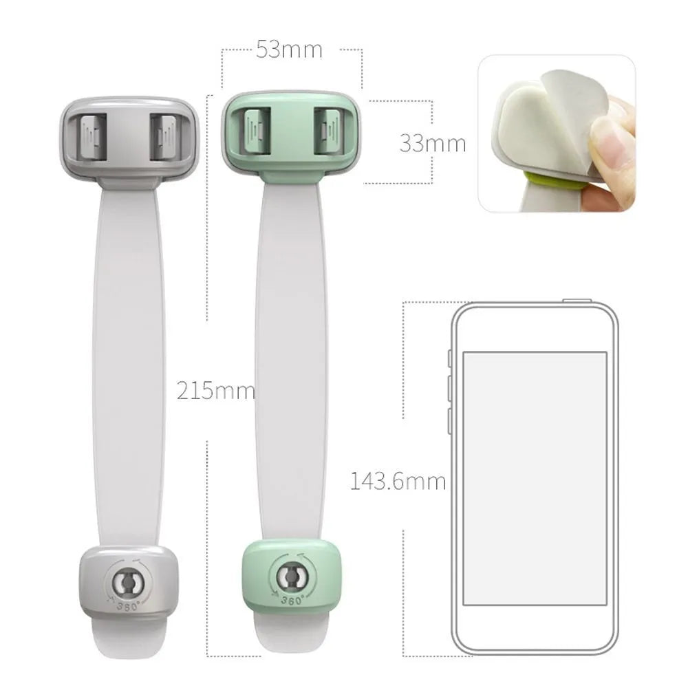Adjustable child safety strap lock for cabinets and drawers in grey or green
