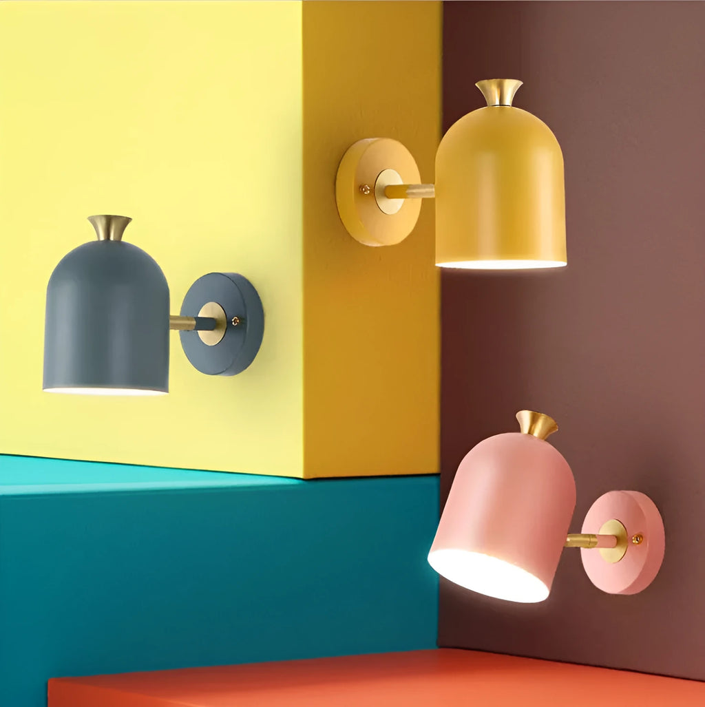Single-head aluminium wall lamp in a choice of blue, green, pink, or yellow colours.