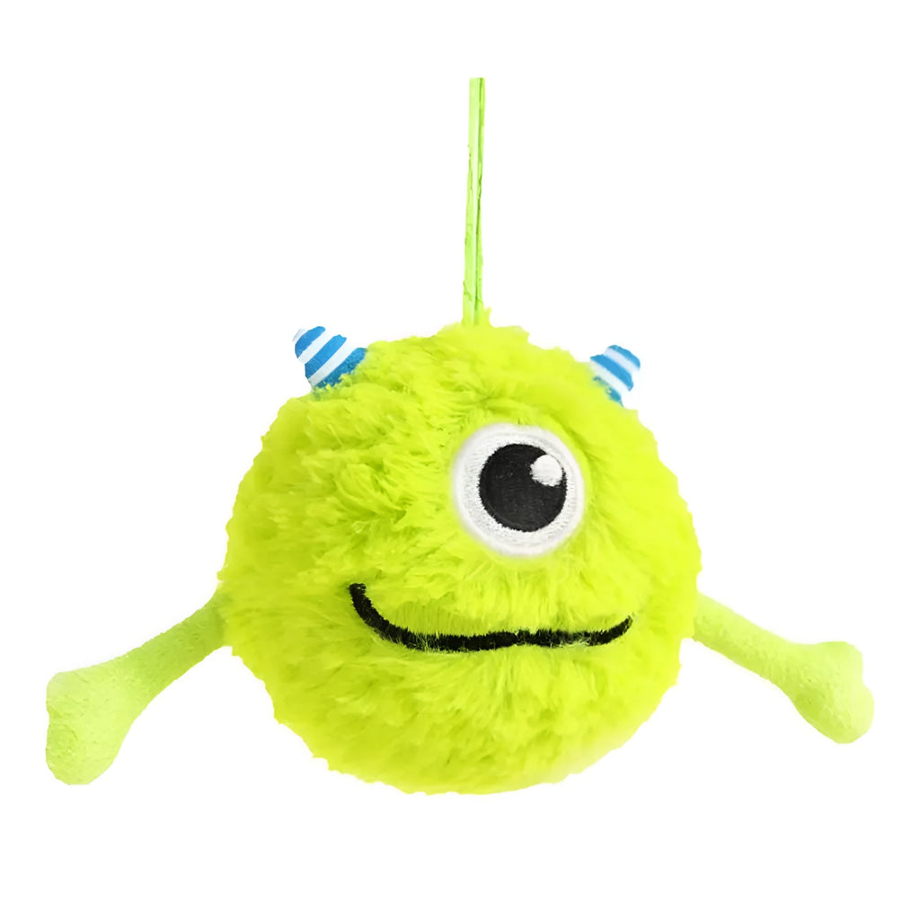 Green plush and TPR sound-activated dog teething toy ball, 12cm diameter.