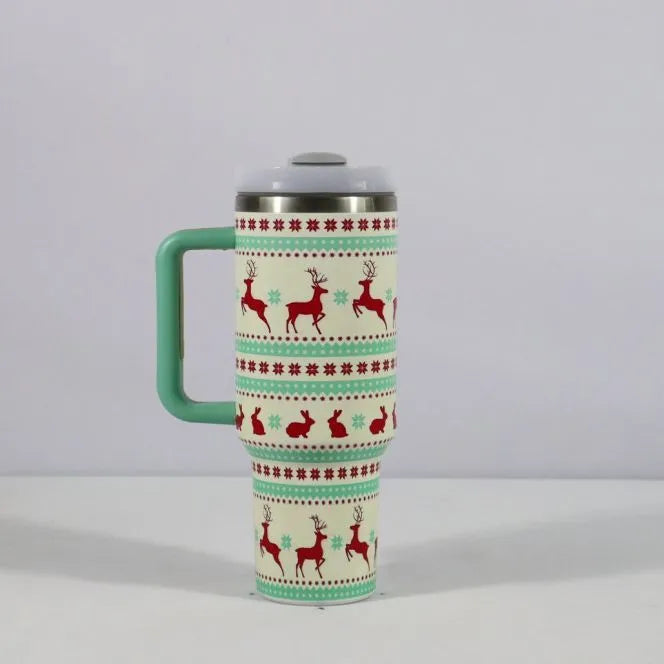 Christmas pattern stainless steel travel tumbler with handle and straw