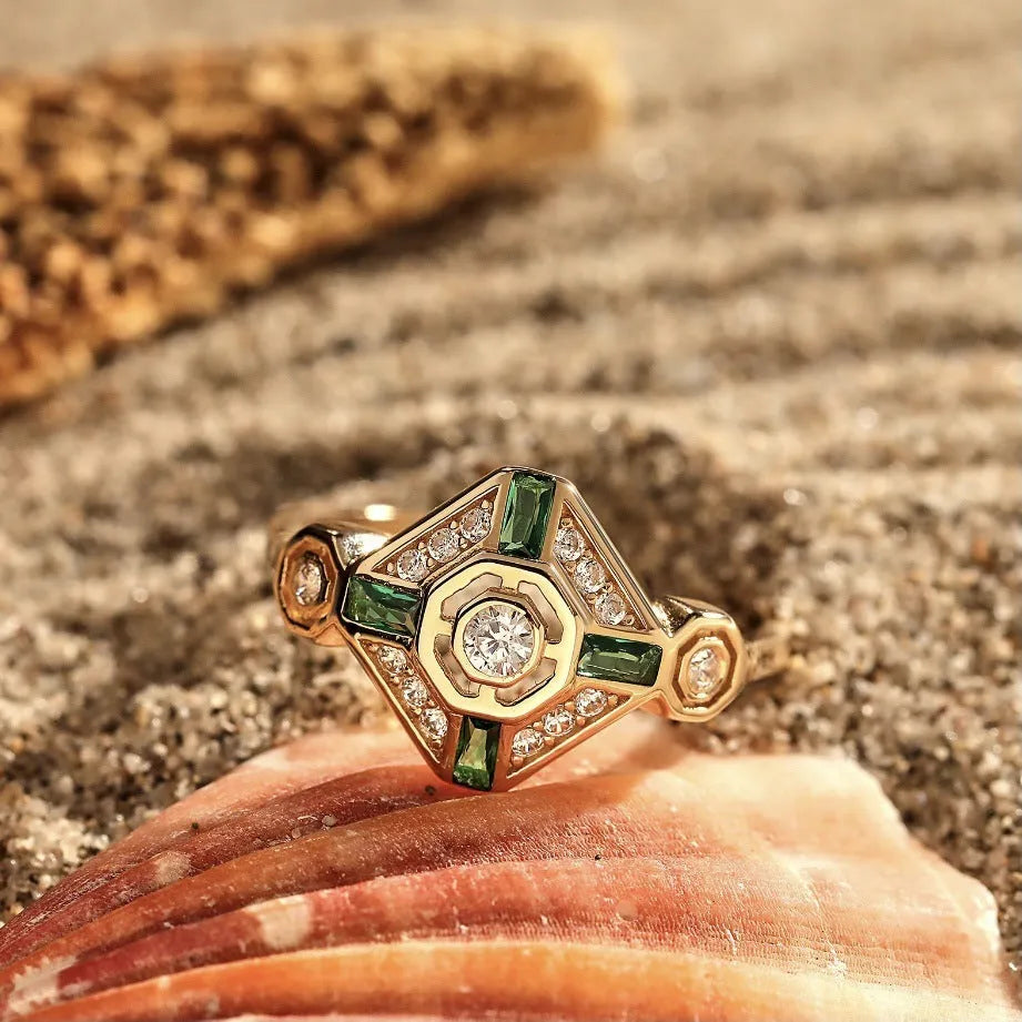 Square geometric women's fashion ring with electroplated lvzuan finish shown in ins style