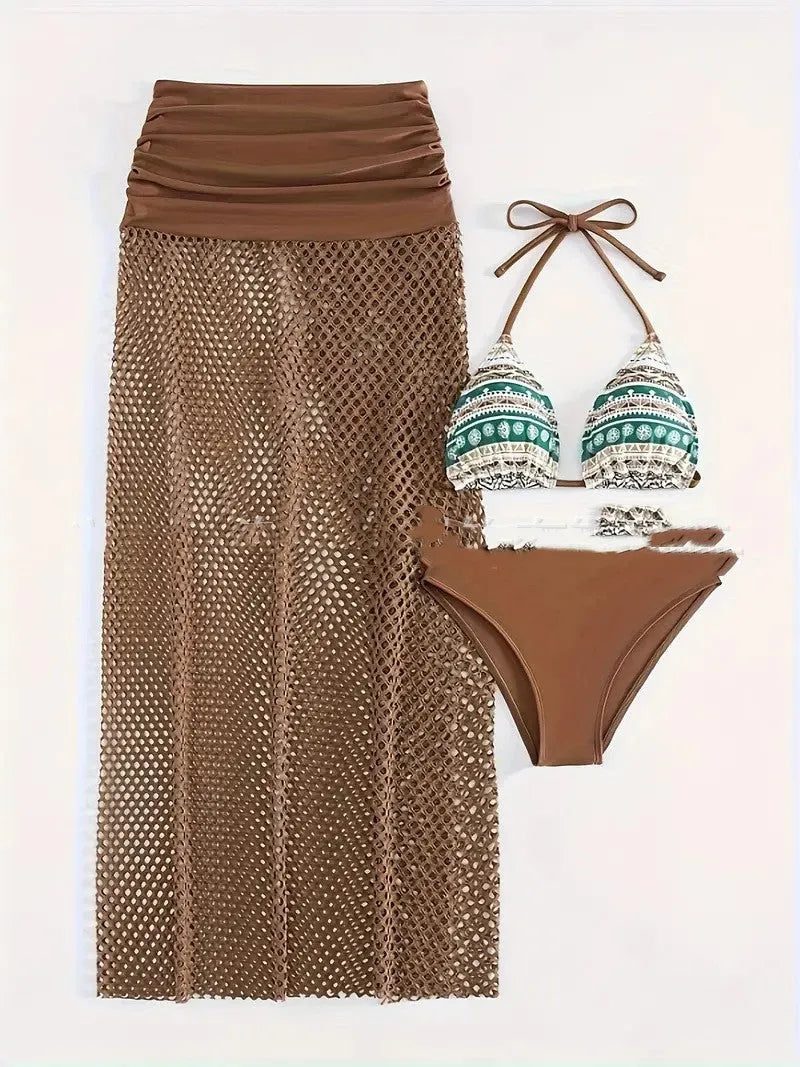 Women's gradient pattern bikini three-piece set with fishnet long skirt in brown colour option