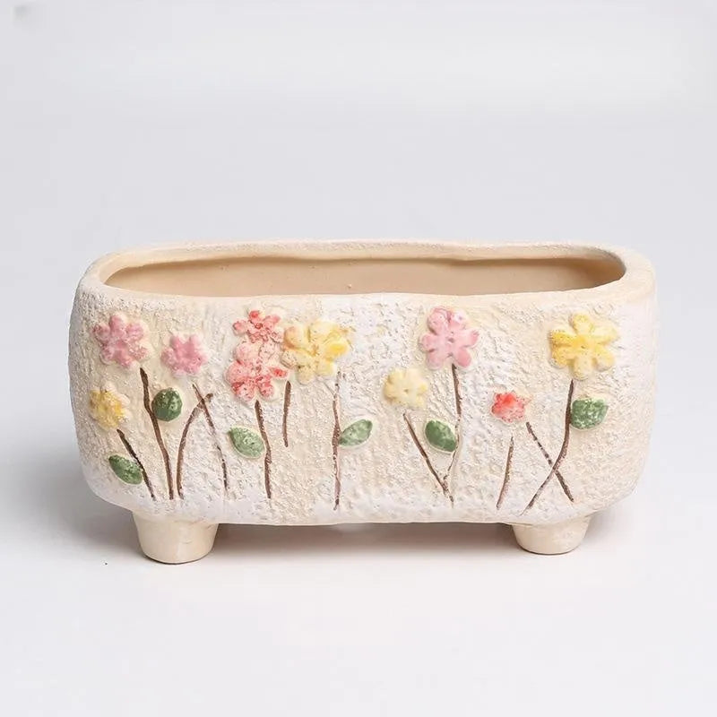 Rectangular hand-painted ceramic flower pot for succulents with 13.7x6.2x6.5cm dimensions