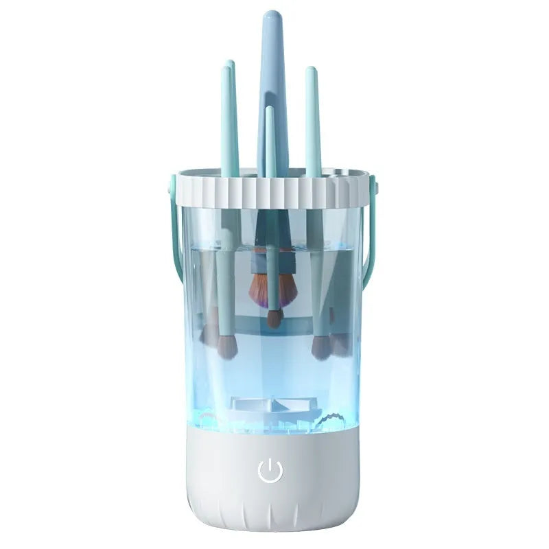 White rechargeable electric makeup brush cleaner with rotating head and USB cable