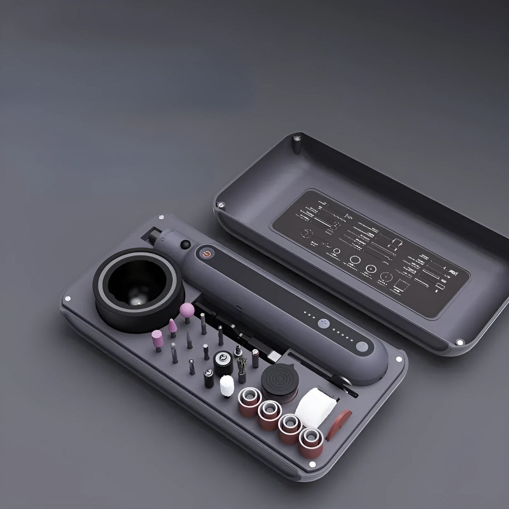 Compact mini electric grinding and polishing machine set with lithium battery.