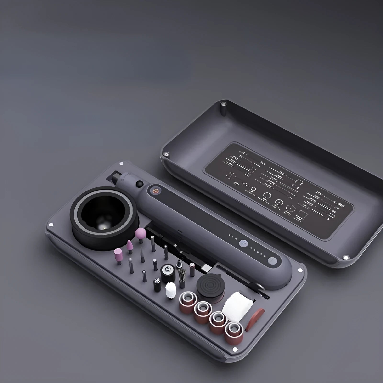 Compact mini electric grinding and polishing machine set with lithium battery.