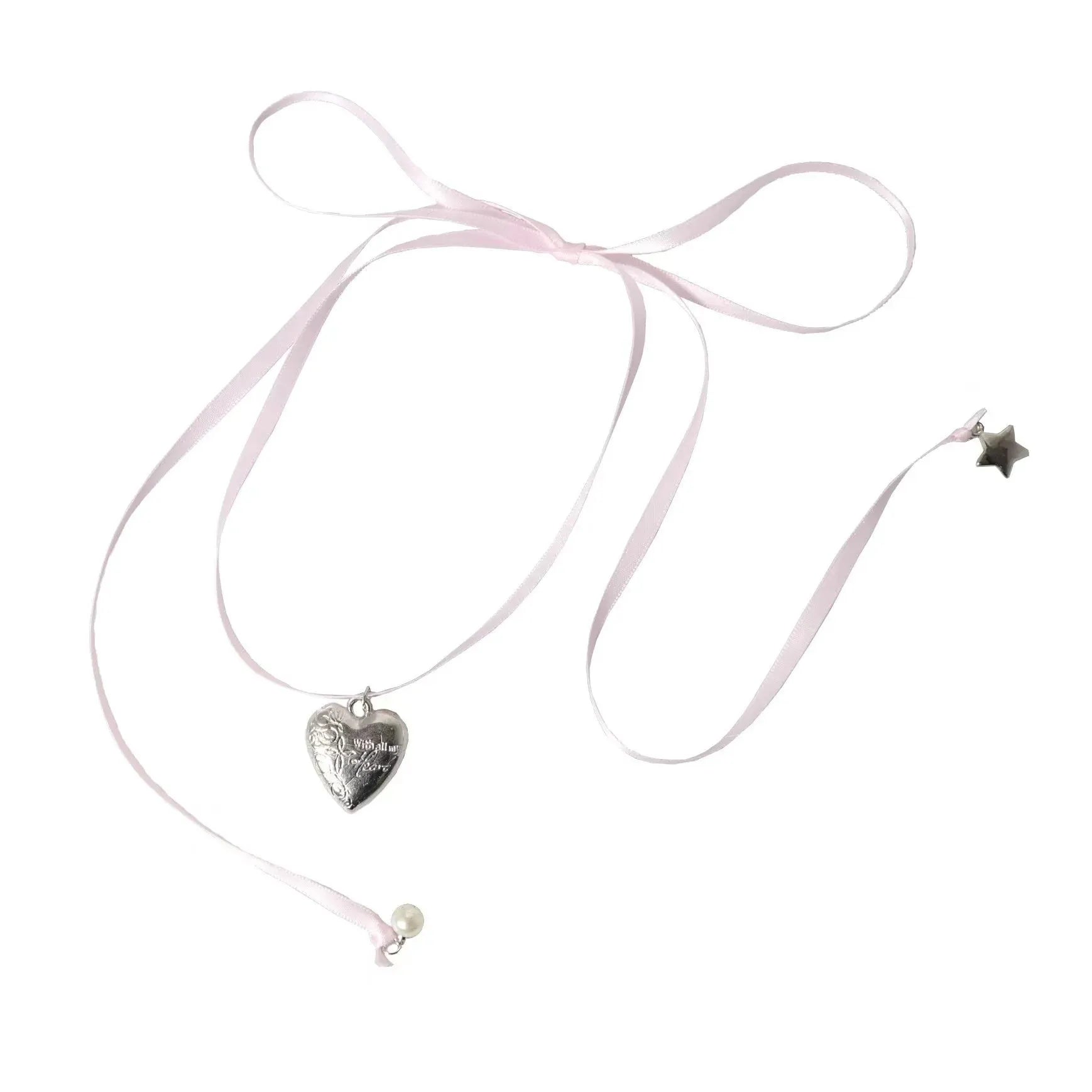 Women's ribbon and love pendant fashion necklace in alloy with electroplated finish