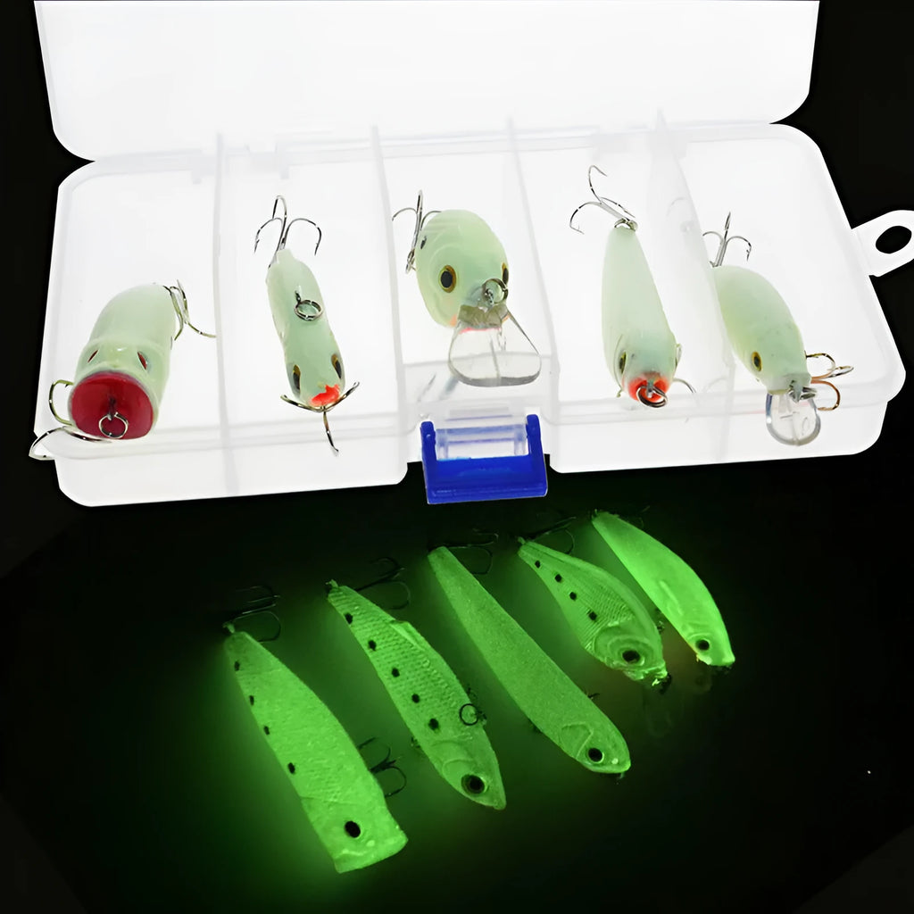 Set of five fluorescent green and orange hard plastic fishing lures with 3D details on a blue background.