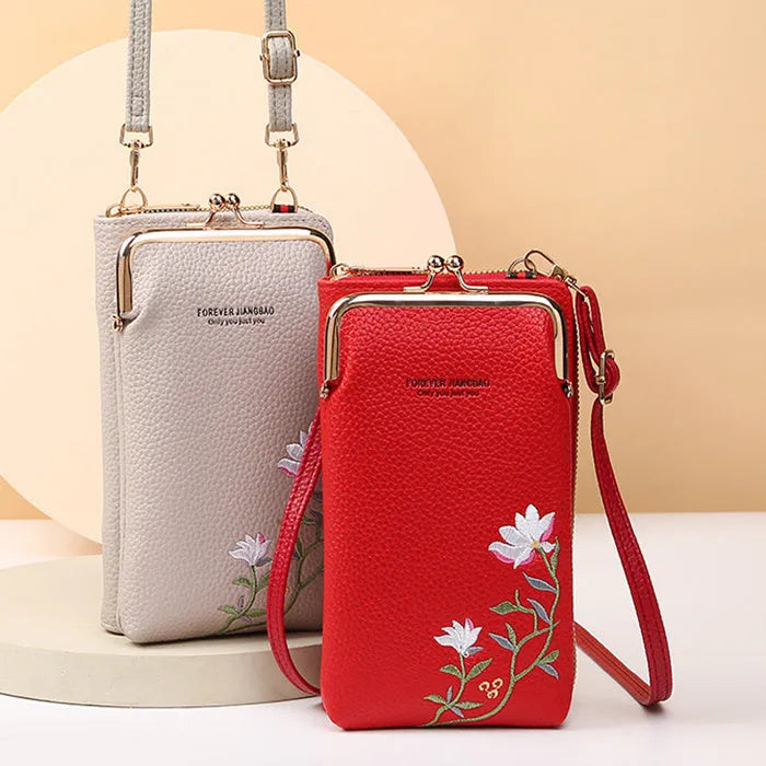 Flower embroidery soft PU phone bag with lock buckle, contrast stitching, five colours, vertical square shape