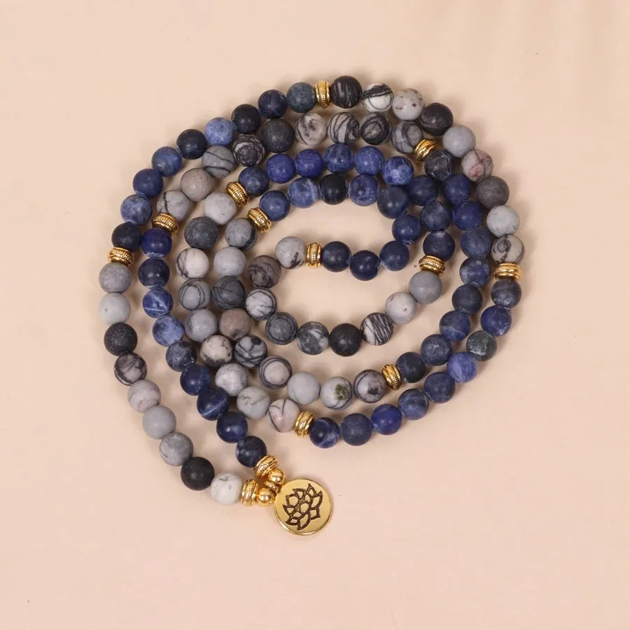 Blue patterned network stone bead multi layer bracelet with alloy metal components