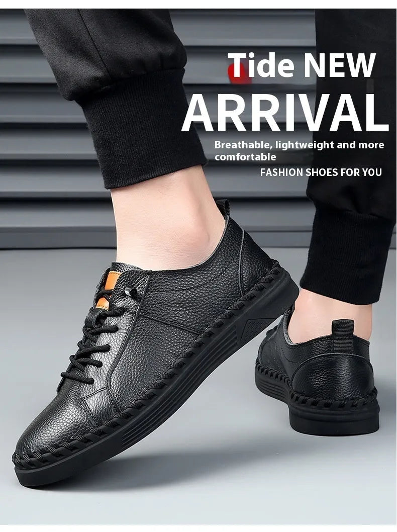 Men's beige and black cowhide leather sneakers with round toe and mesh lining.