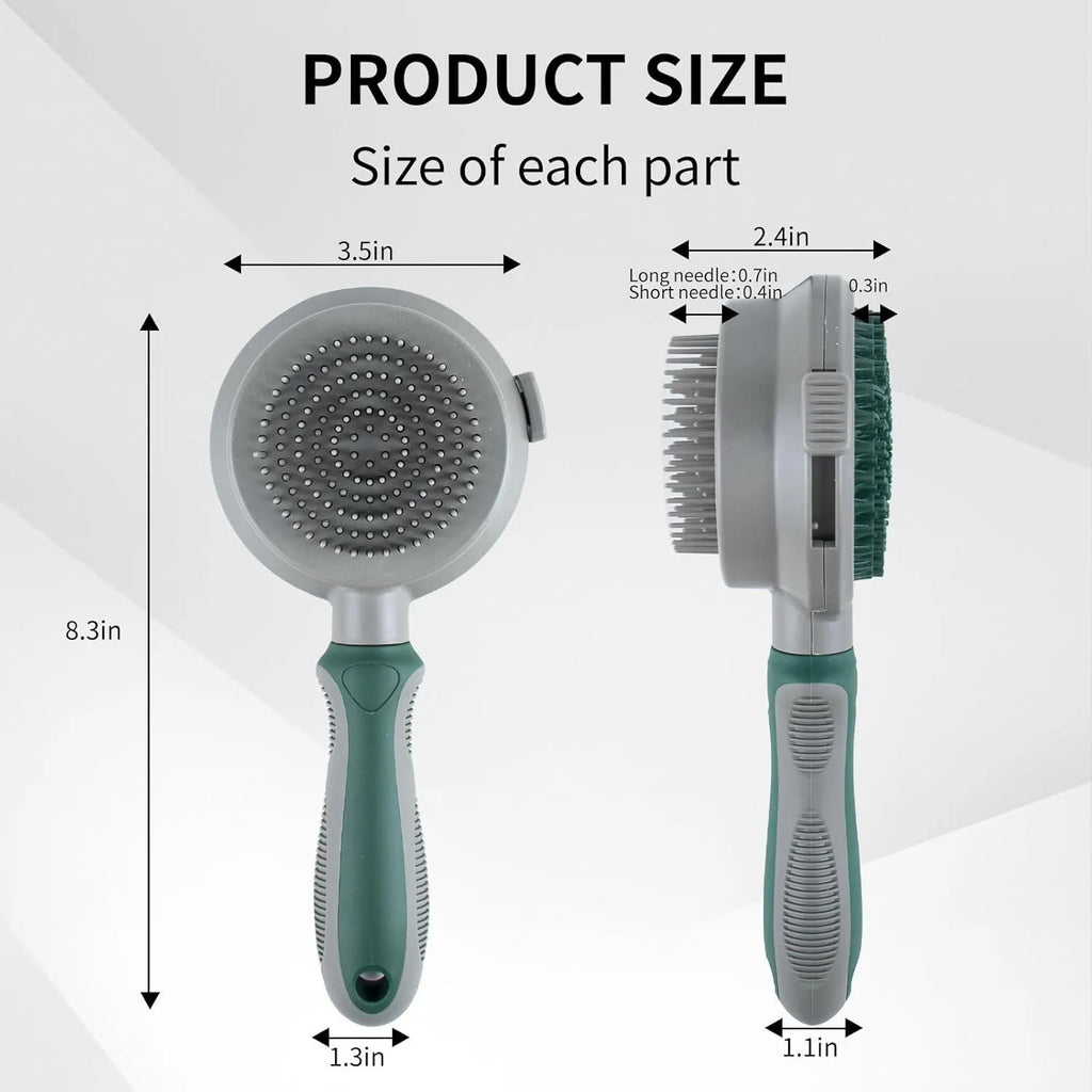 Green and pink two-sided silicone pet grooming brush with retractable slicker brush and octopus-teethed massager