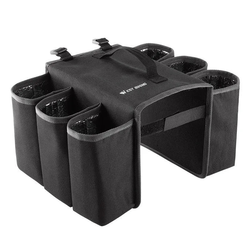 Black double-sided bicycle bag mounted on a bike carrier, showing two compartments.