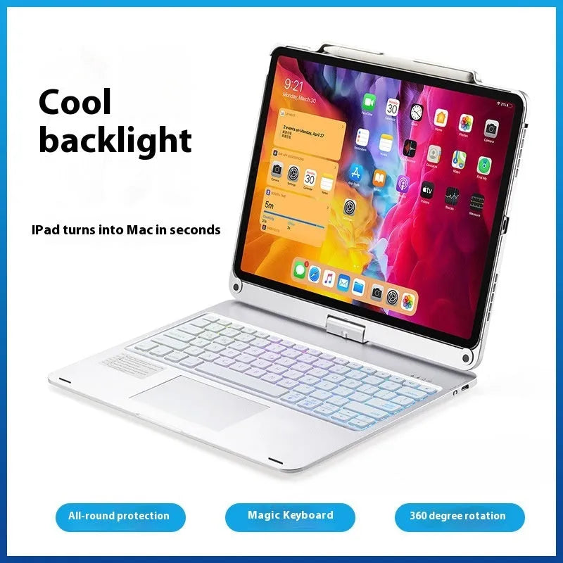 Miaocontrol Bluetooth keyboard with iPad showing 360-degree rotating hinge in rose gold colour
