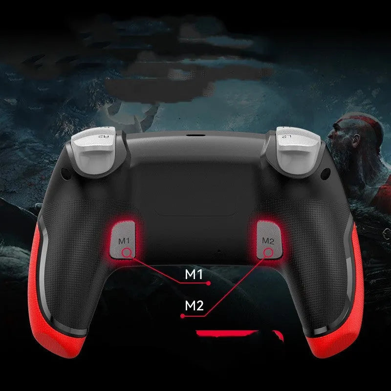 Fruit green wireless Bluetooth game controller for PS4, PC, mobile phone, and Nintendo Switch on a grey background.