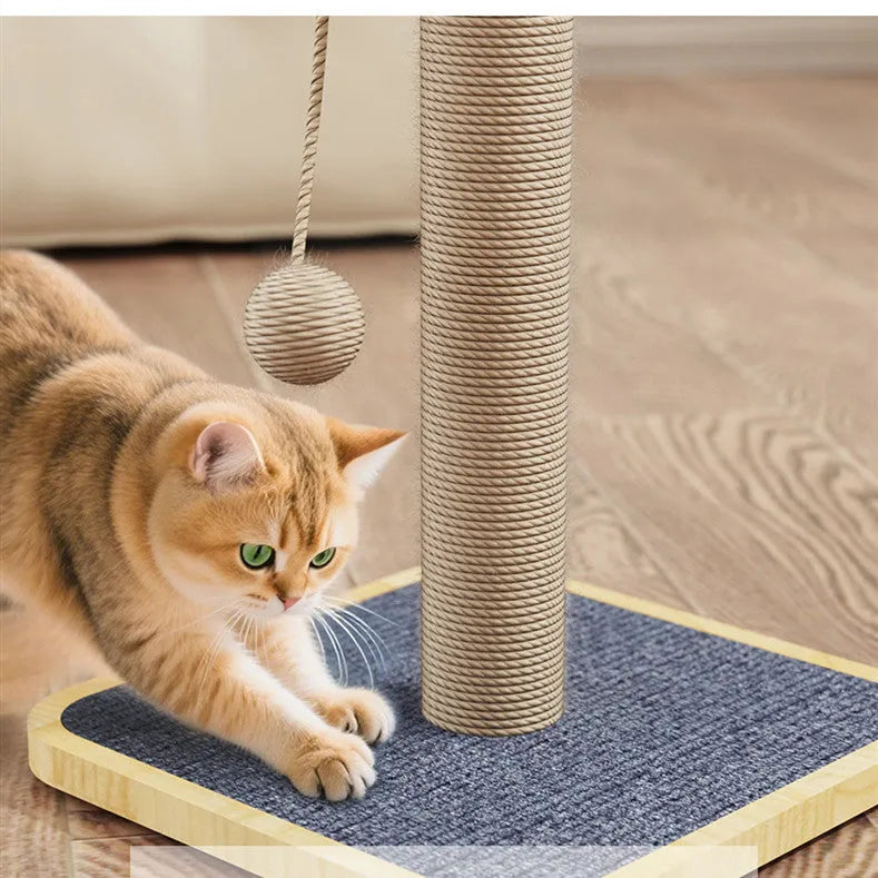 A simple, scratch-resistant cat climbing frame toy with a chip hanging ball, made from pine wood and carpet leather.