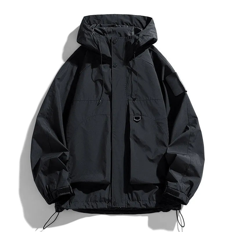 Men's black waterproof hooded coat on a hanger, showing regular length and long sleeves.