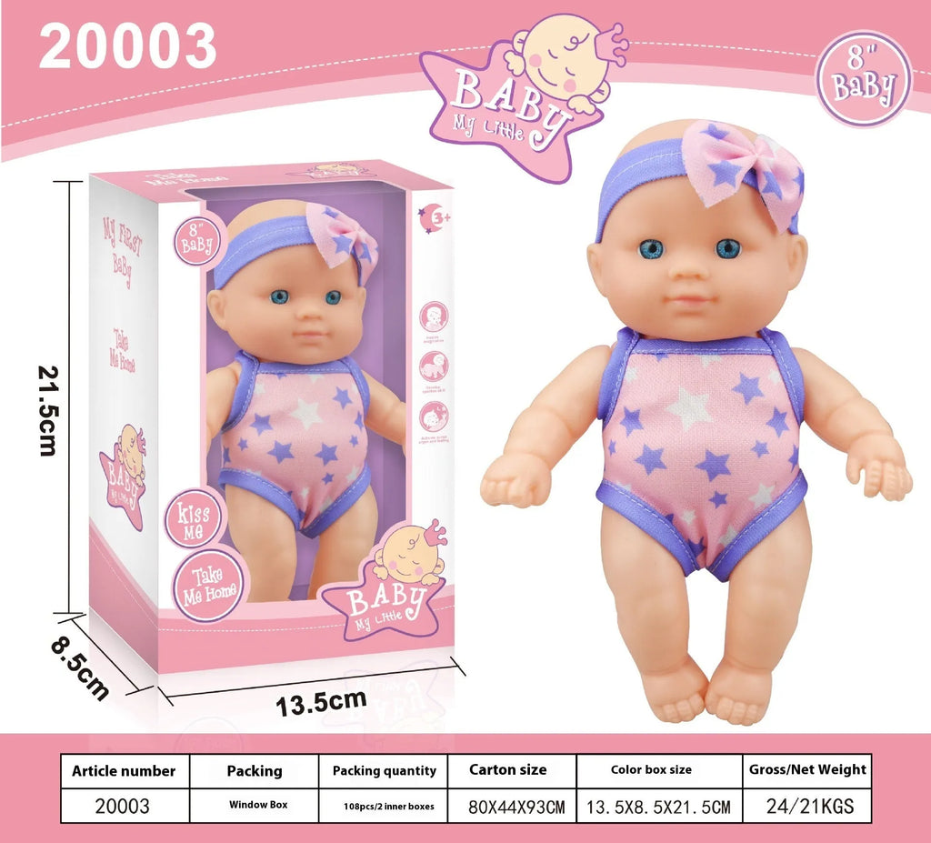 A 21.5cm tall simulation baby vinyl figurine doll on display, showing detailed sculpting.