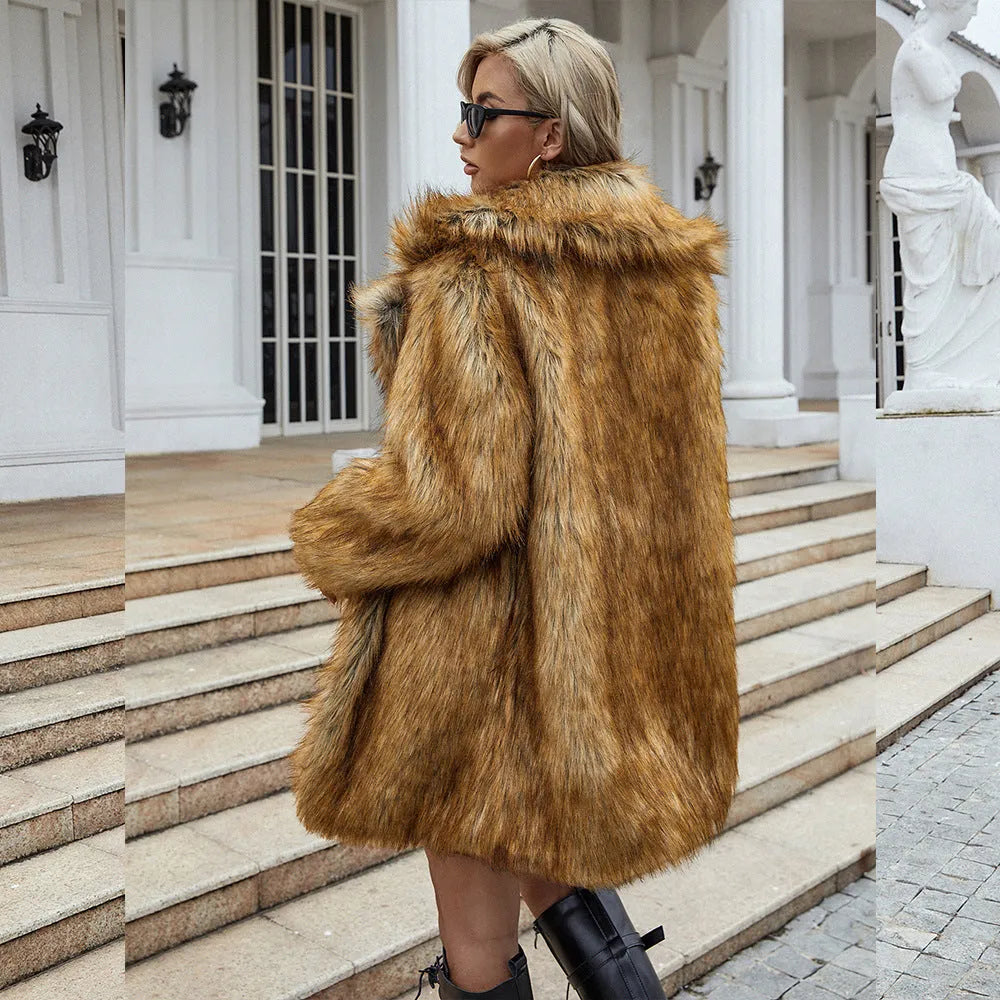Yellow loose-fitting faux fur trench coat for women with regular sleeves.