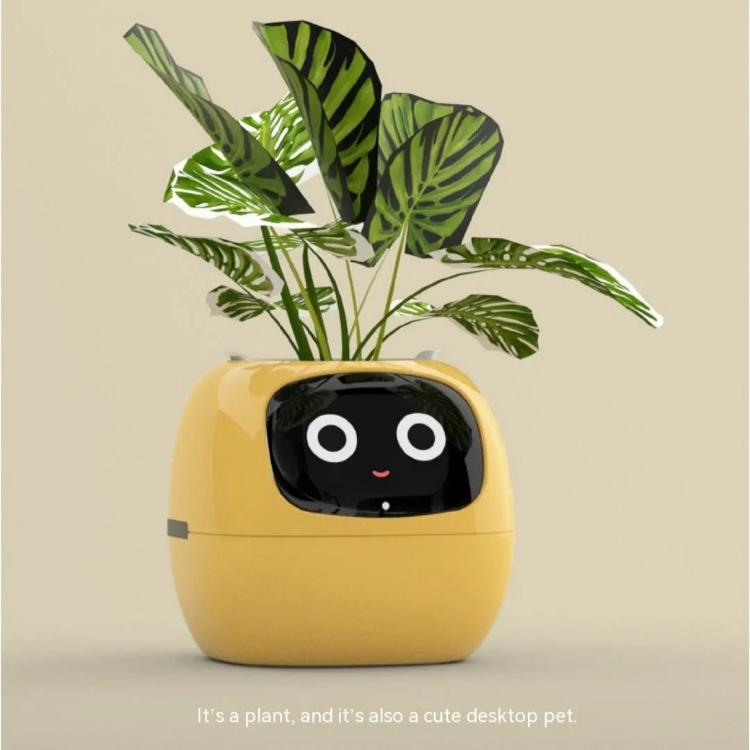 Smart planter with 7 sensors and AI chips, over 49 expressions, water level monitor, small indoor pot 114x100x96mm in pink
