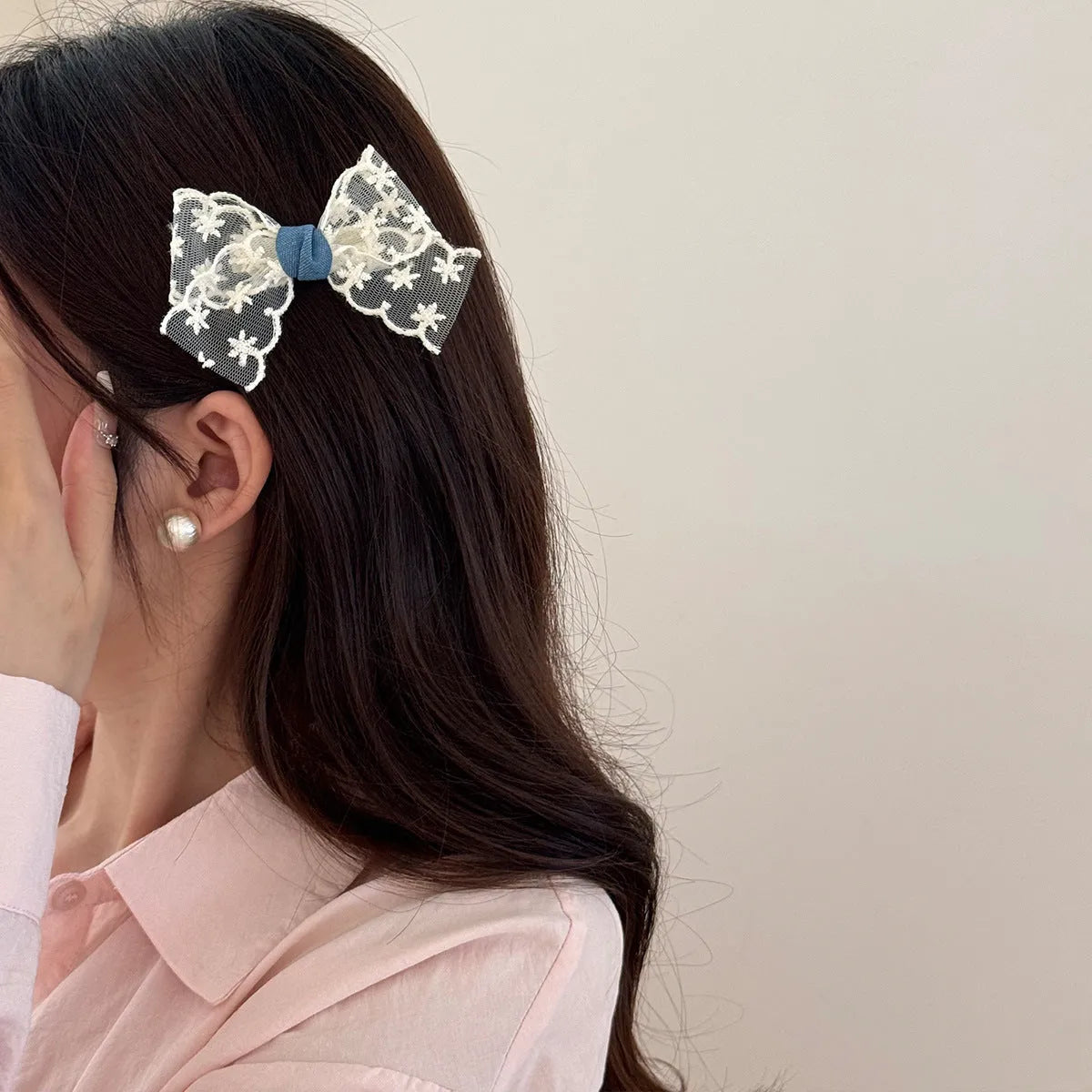 Hand-made pastoral cloth barrettes with beige lace and blue bow designs for women's hair