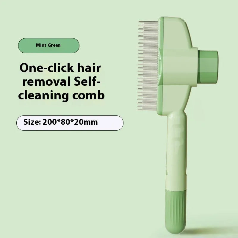 Yellow and green self-cleaning pet comb for dogs and cats with a release button and stainless steel teeth.