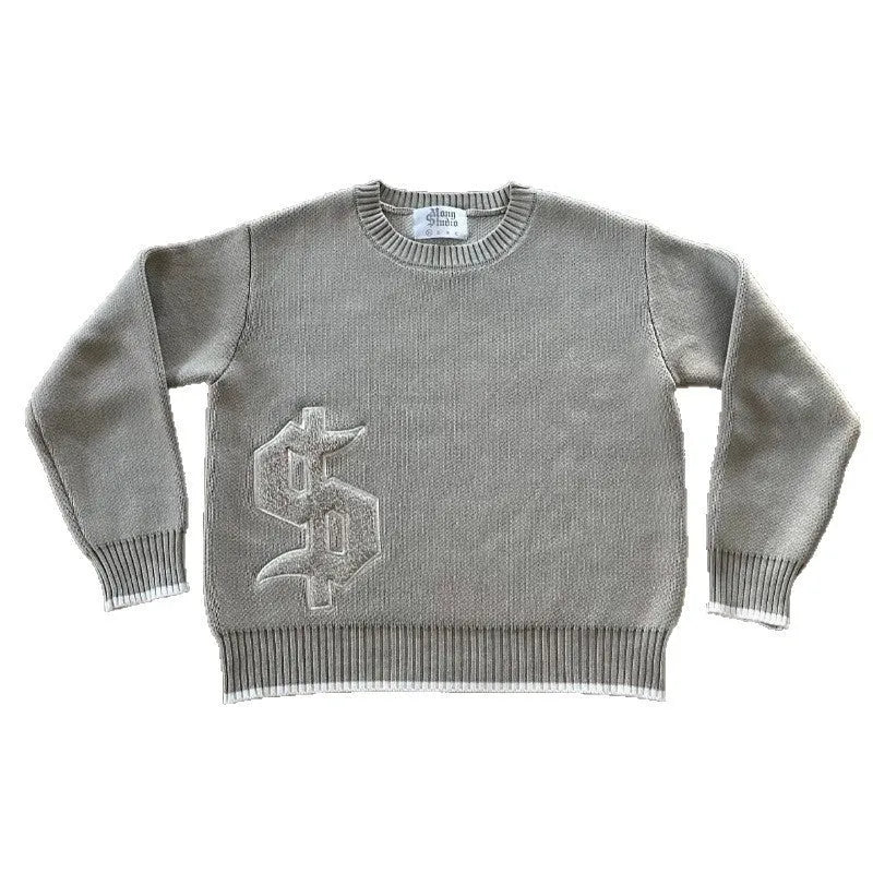 Grey jacquard pattern loose-fitting knitwear coat with long sleeves