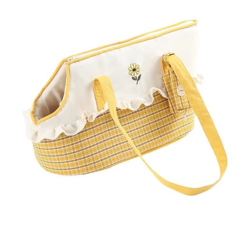Shoulder cat bag in short plush fabric with cartoon pattern and vertical stripe design