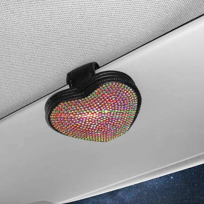 Diamond-encrusted PU leather car sun visor clip with magnetic closure for glasses and ticket storage