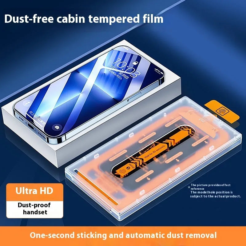 Dust-free Warehouse tempered glass iPhone screen protector two-pack showing HD and privacy variants