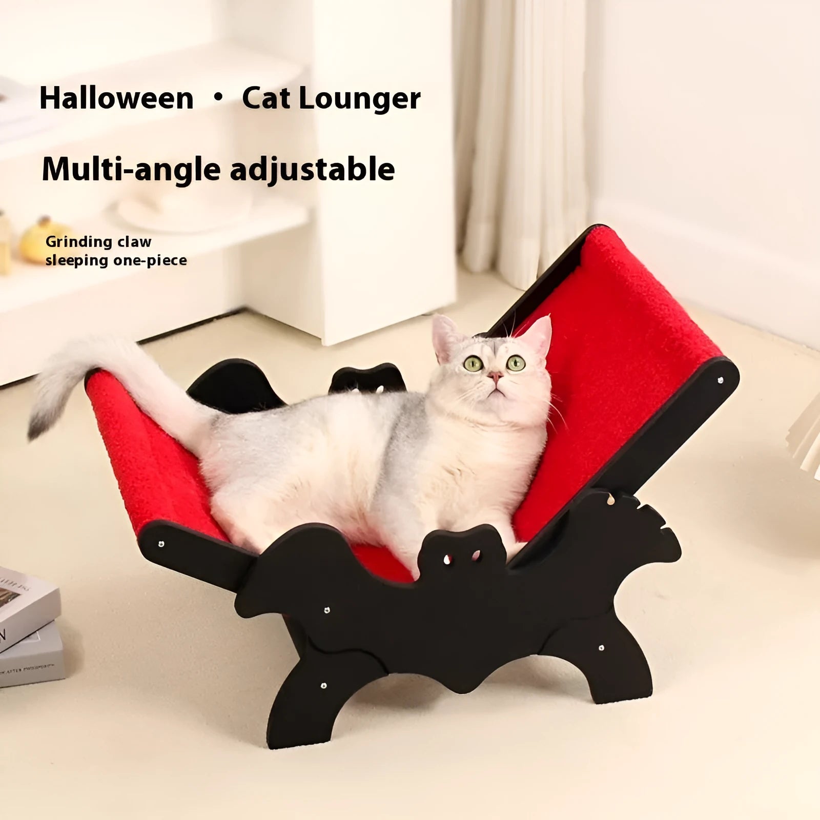 Halloween bat-shaped wooden cat recliner pet bed in black and red colours