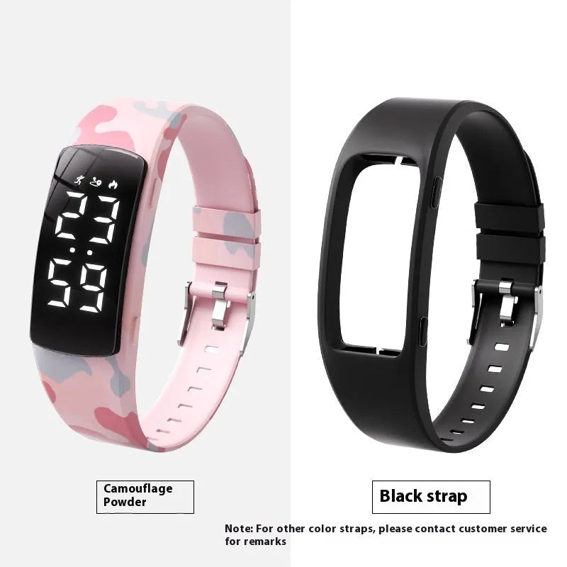 Smart electronic watch with colour options on a silicone strap, showing its LED display and slim profile.