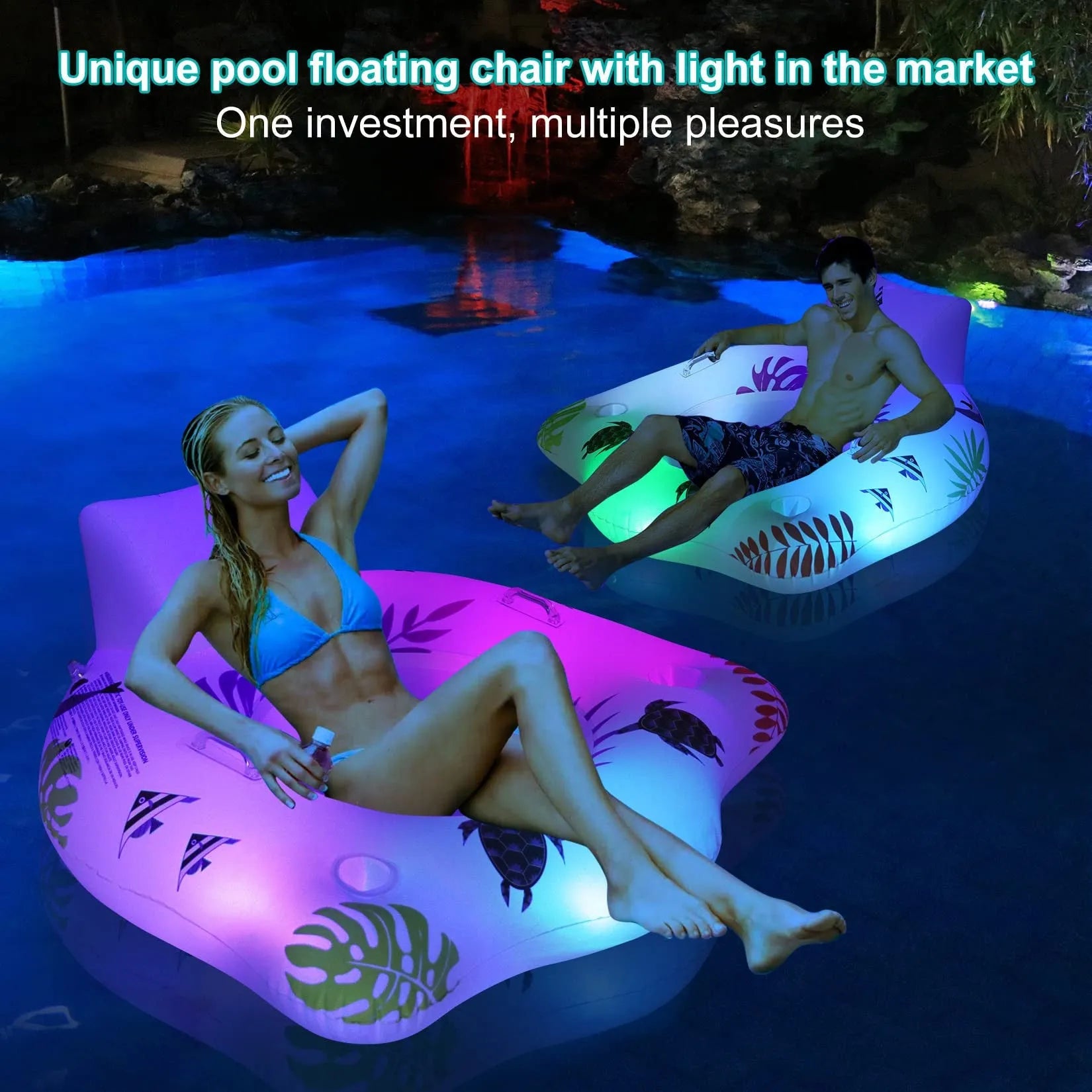 White luminous U-shaped inflatable float seat glowing in a swimming pool at night.