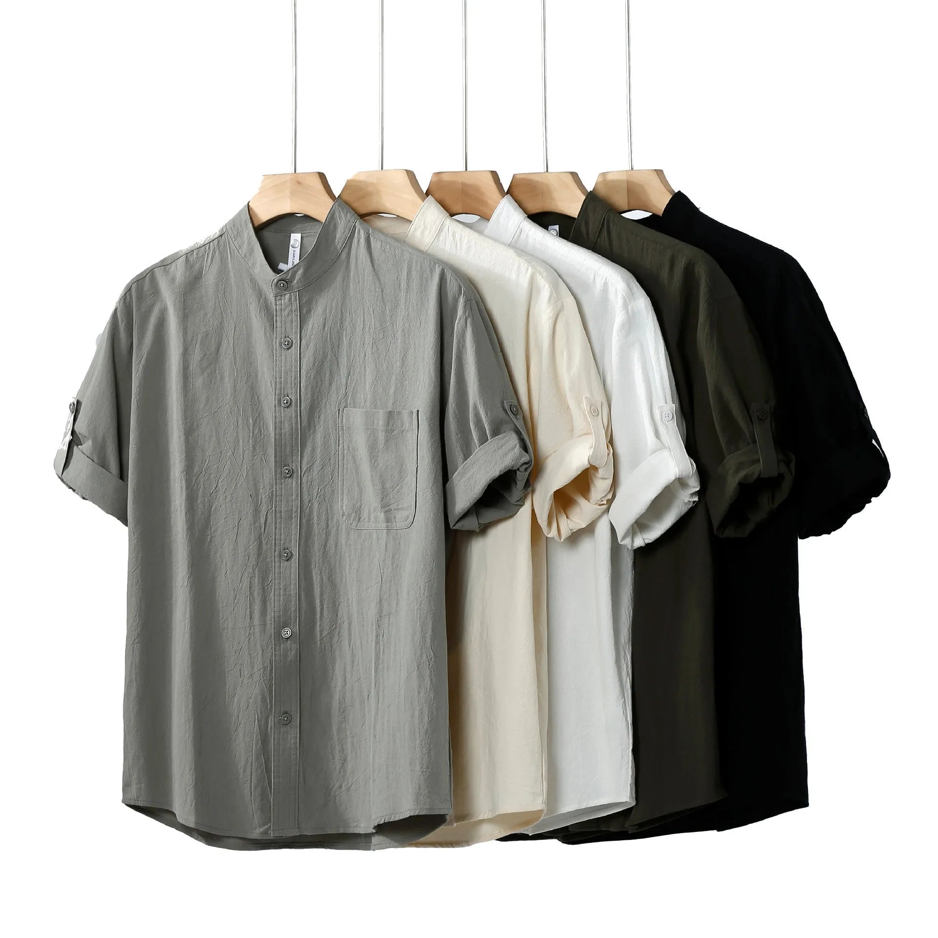 Men's loose fit short-sleeved linen shirt in solid colour with simple stand collar