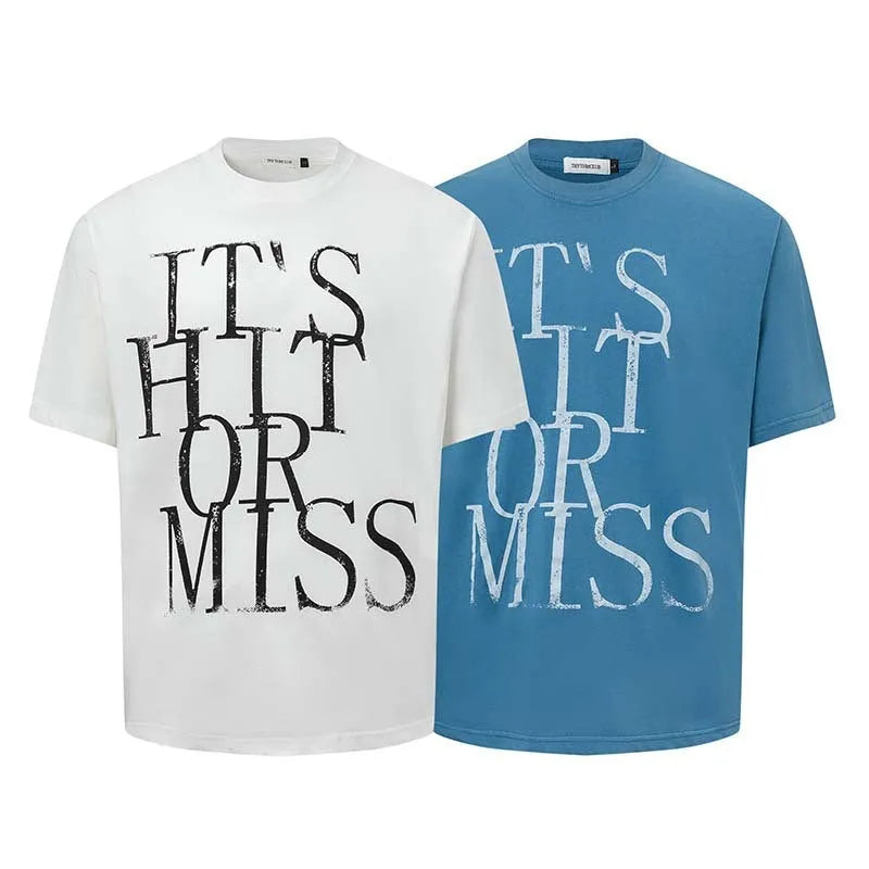 Men's blue American retro style t-shirt with white letter print and loose fit