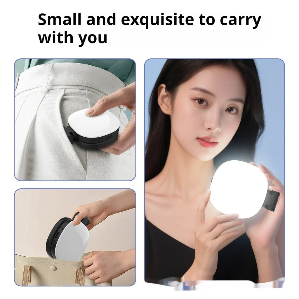 Black and white mobile phone magnetic fill light with three-colour temperature lighting and compact 61mm design