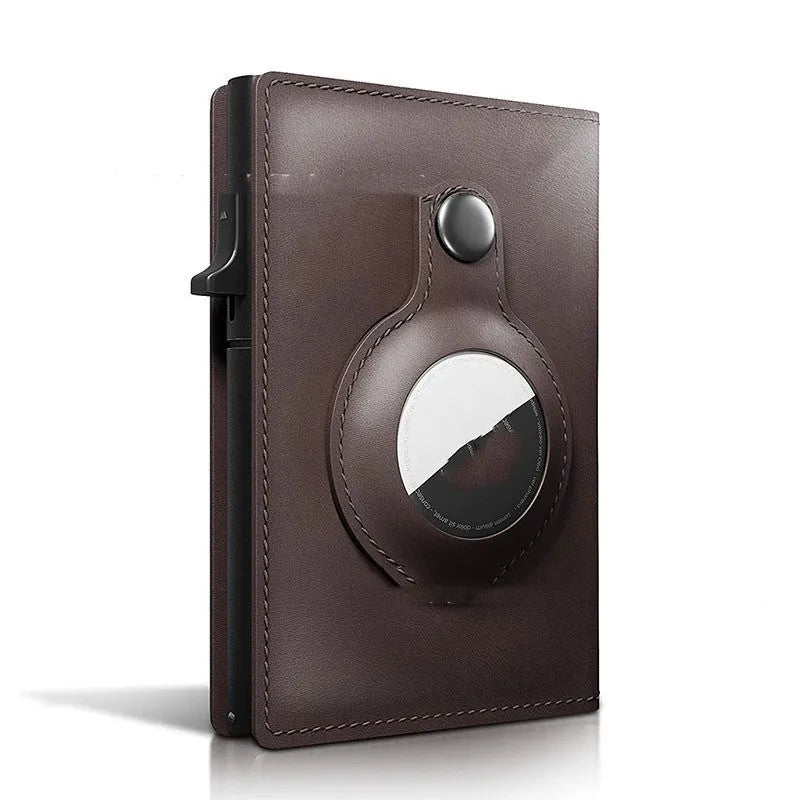Crazy Horse Black genuine leather card holder wallet with AirTag slot and card pockets