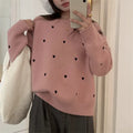 Women's cream crew neck acrylic sweater with love pattern embroidery and long sleeves
