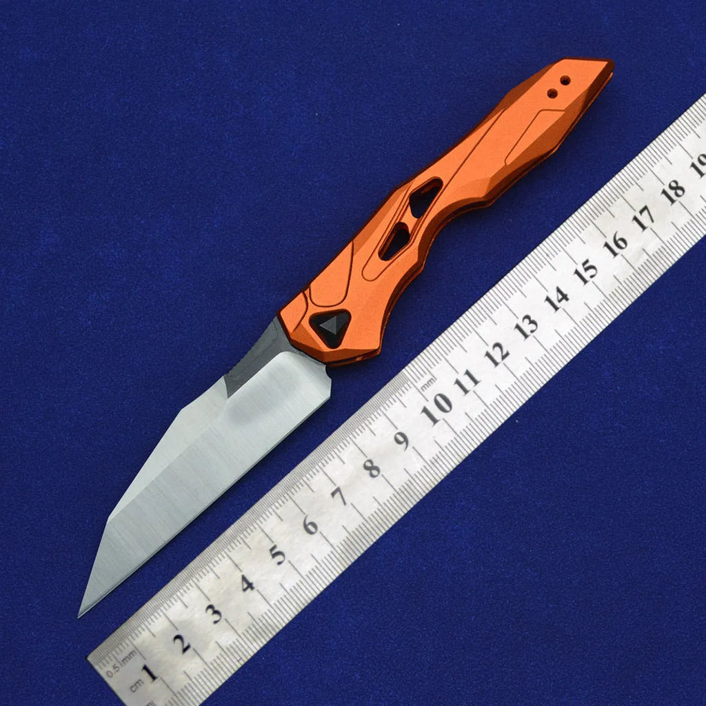 Black folding fruit knife with D2 steel blade and aviation aluminium handle measuring 19cm length