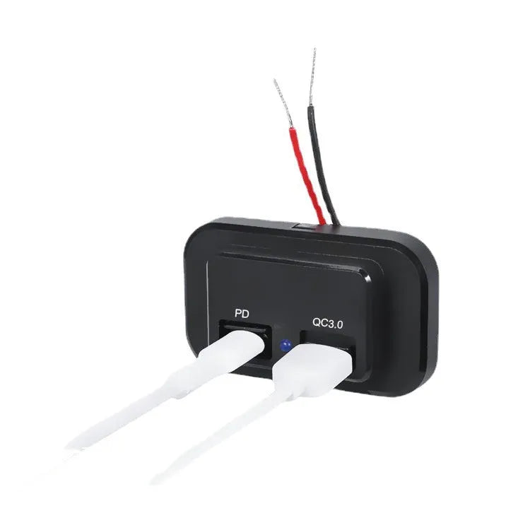 Black QC3.0 fast car charger with TYPE-C interface showing 36W output rating